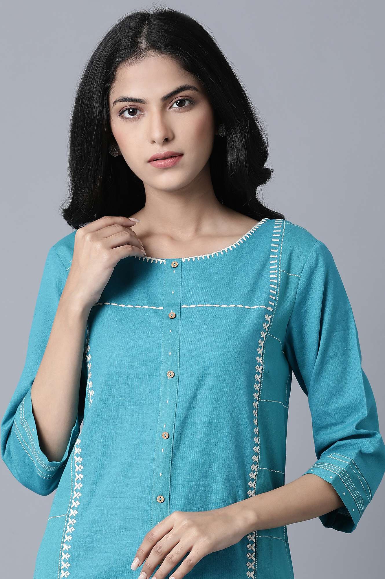 Blue Printed and Embroidered kurta