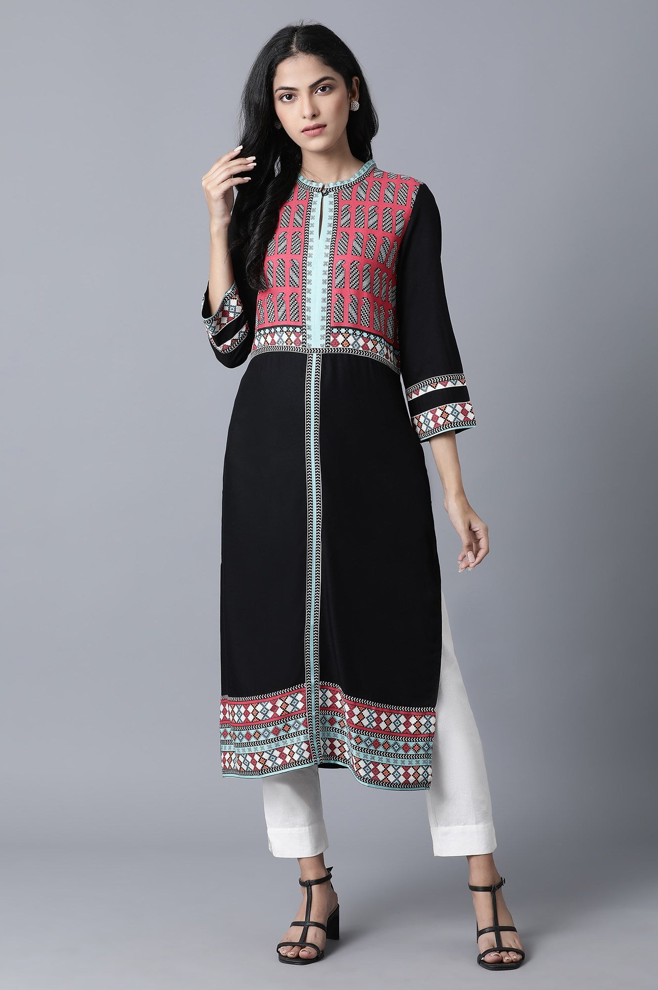 Black kurta with Multicolor Placement Print