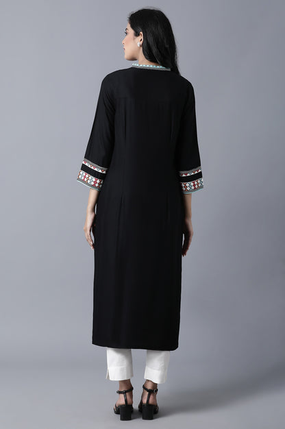 Black kurta with Multicolor Placement Print