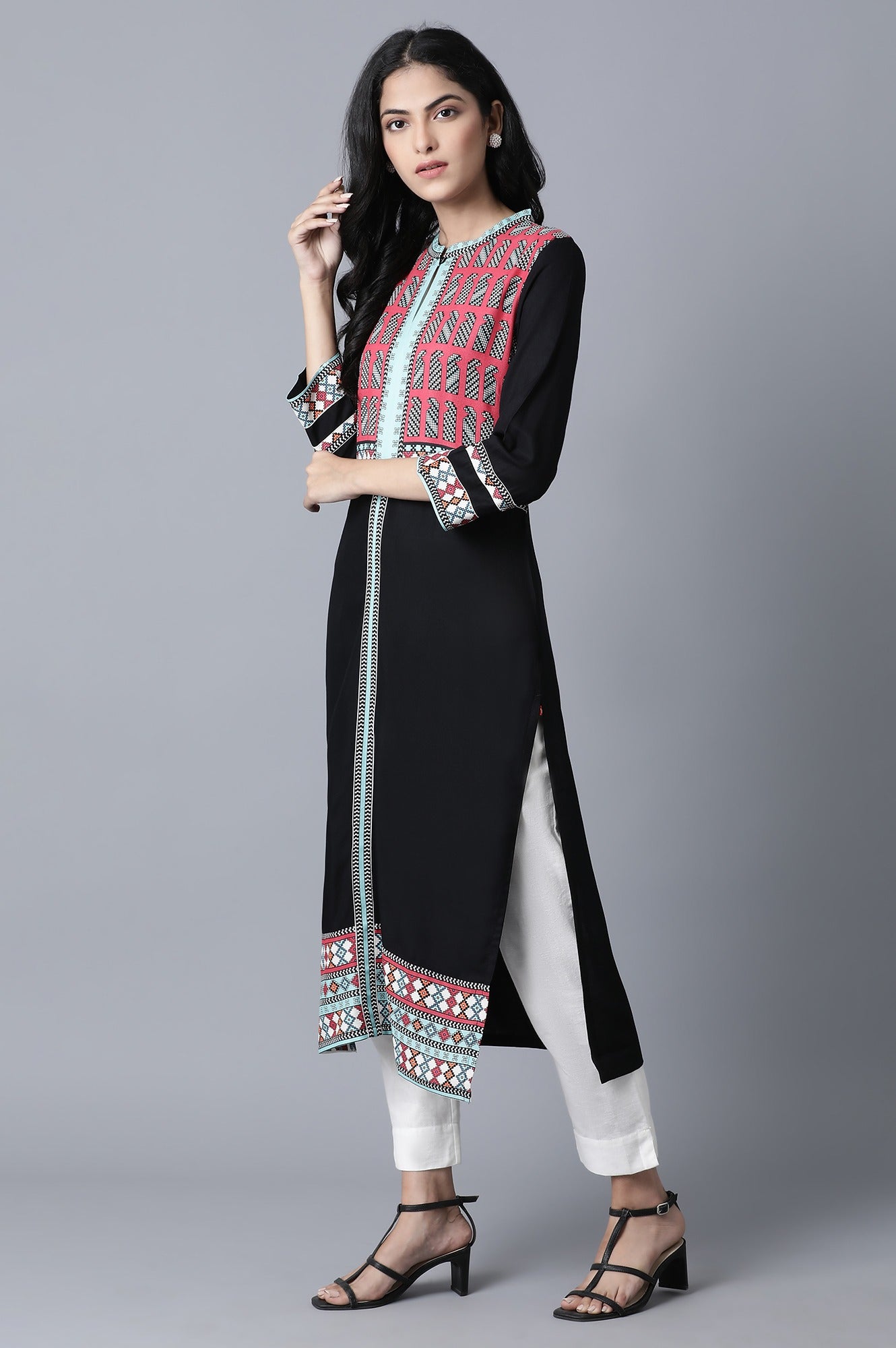 Black kurta with Multicolor Placement Print