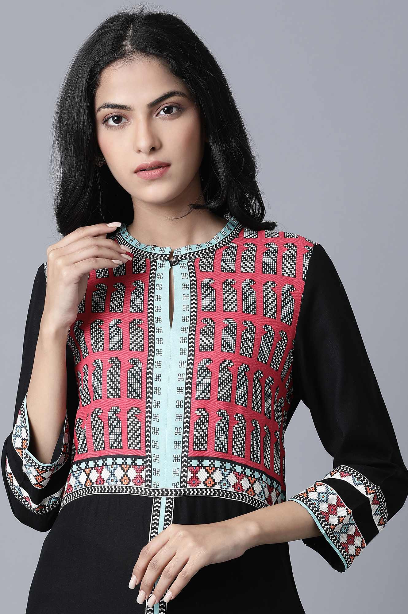 Black kurta with Multicolor Placement Print