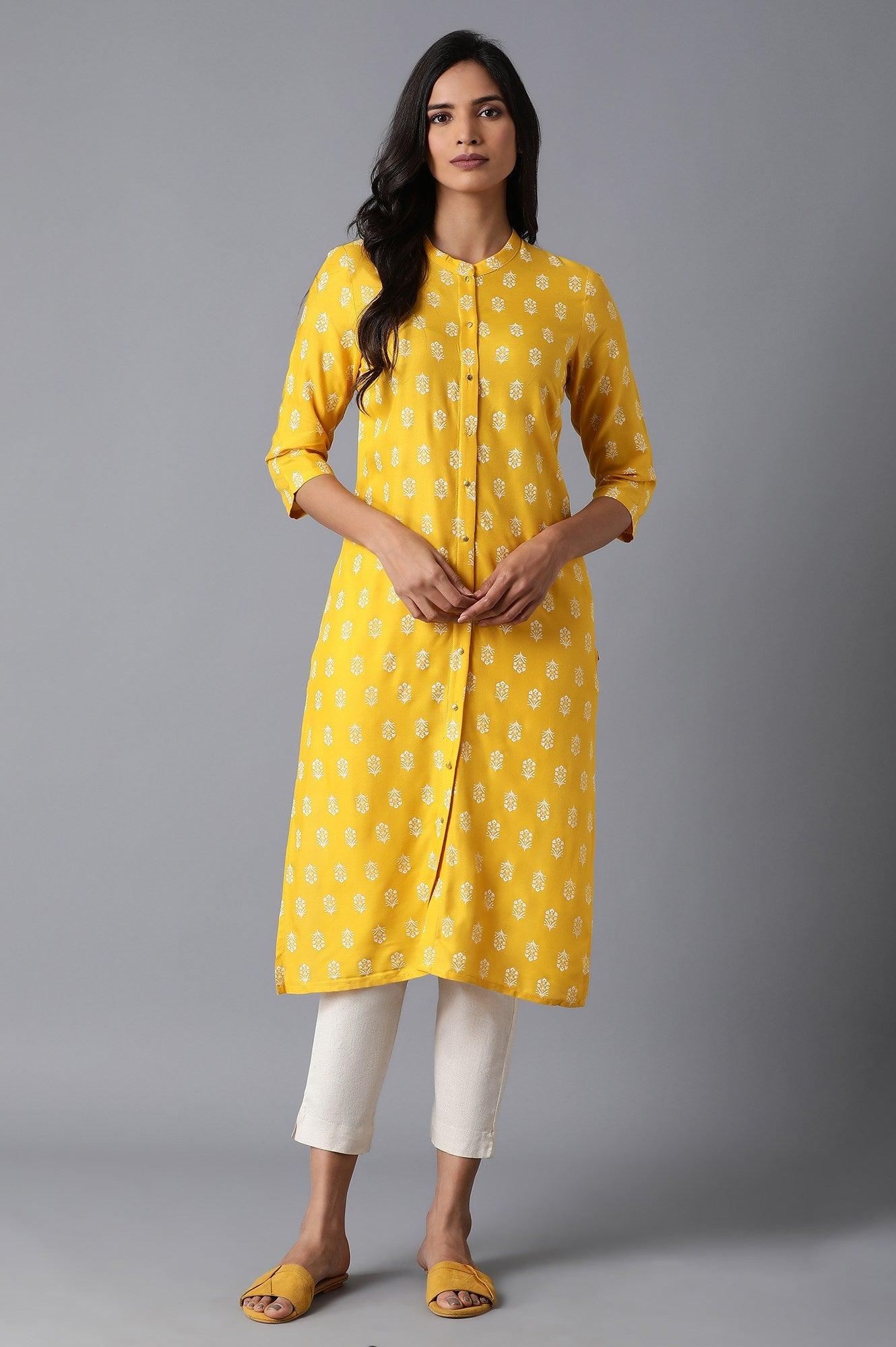 Bright Yellow Floral Print kurta - wforwoman