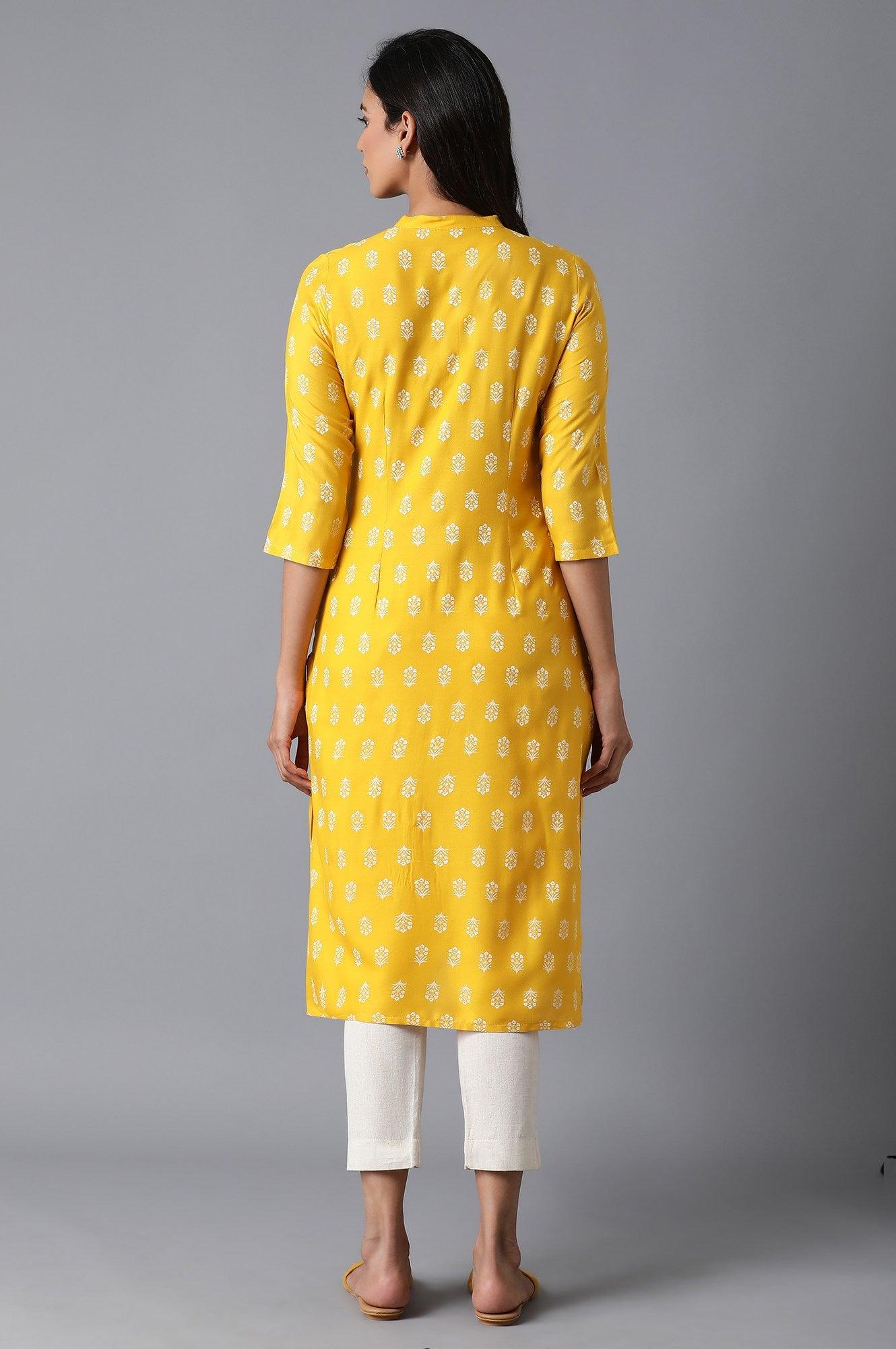 Bright Yellow Floral Print kurta - wforwoman