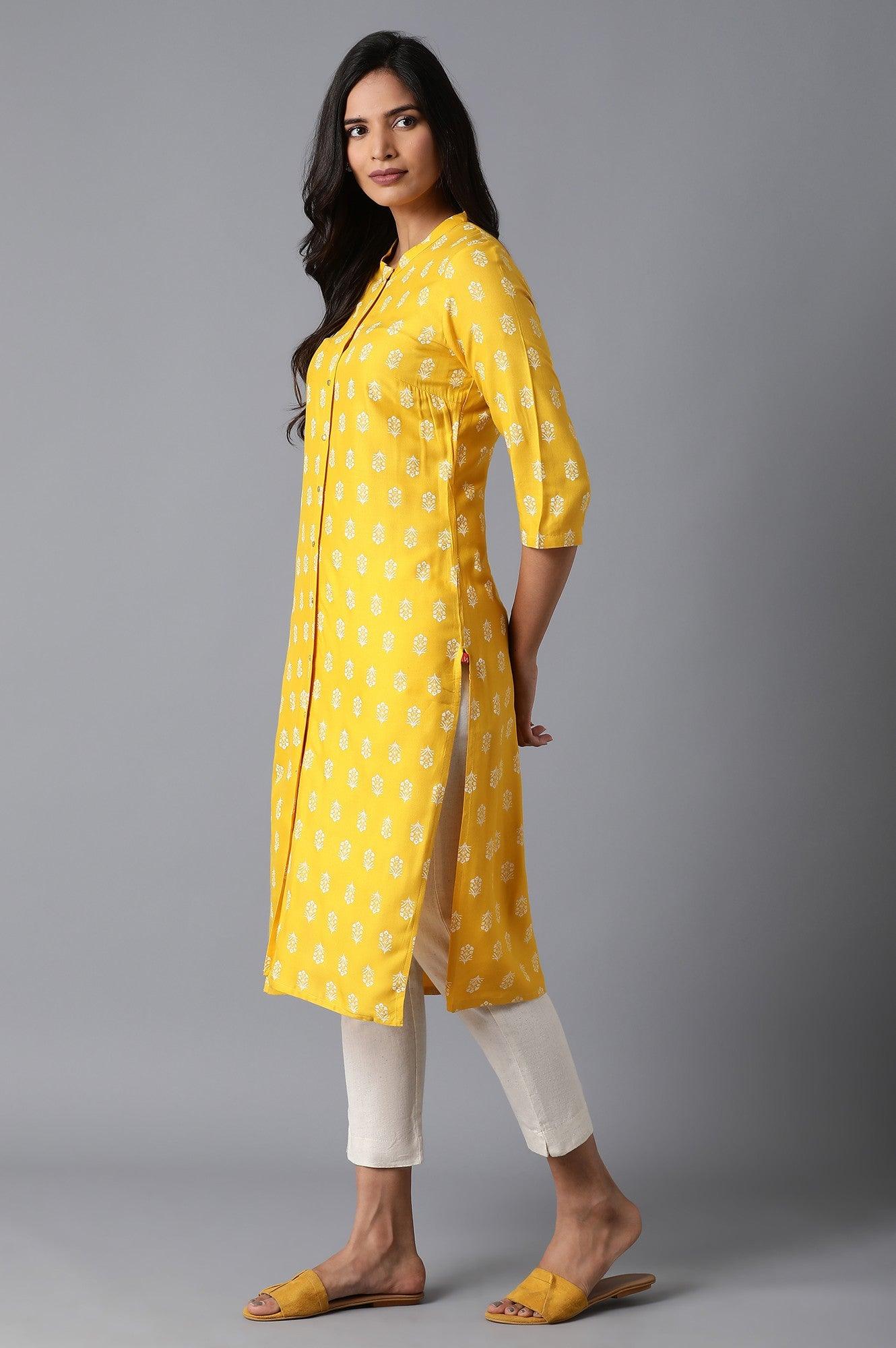 Bright Yellow Floral Print kurta - wforwoman