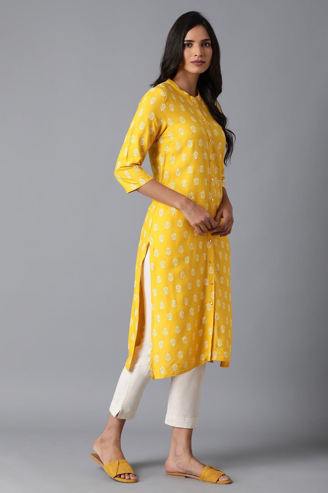 Bright Yellow Floral Print kurta - wforwoman