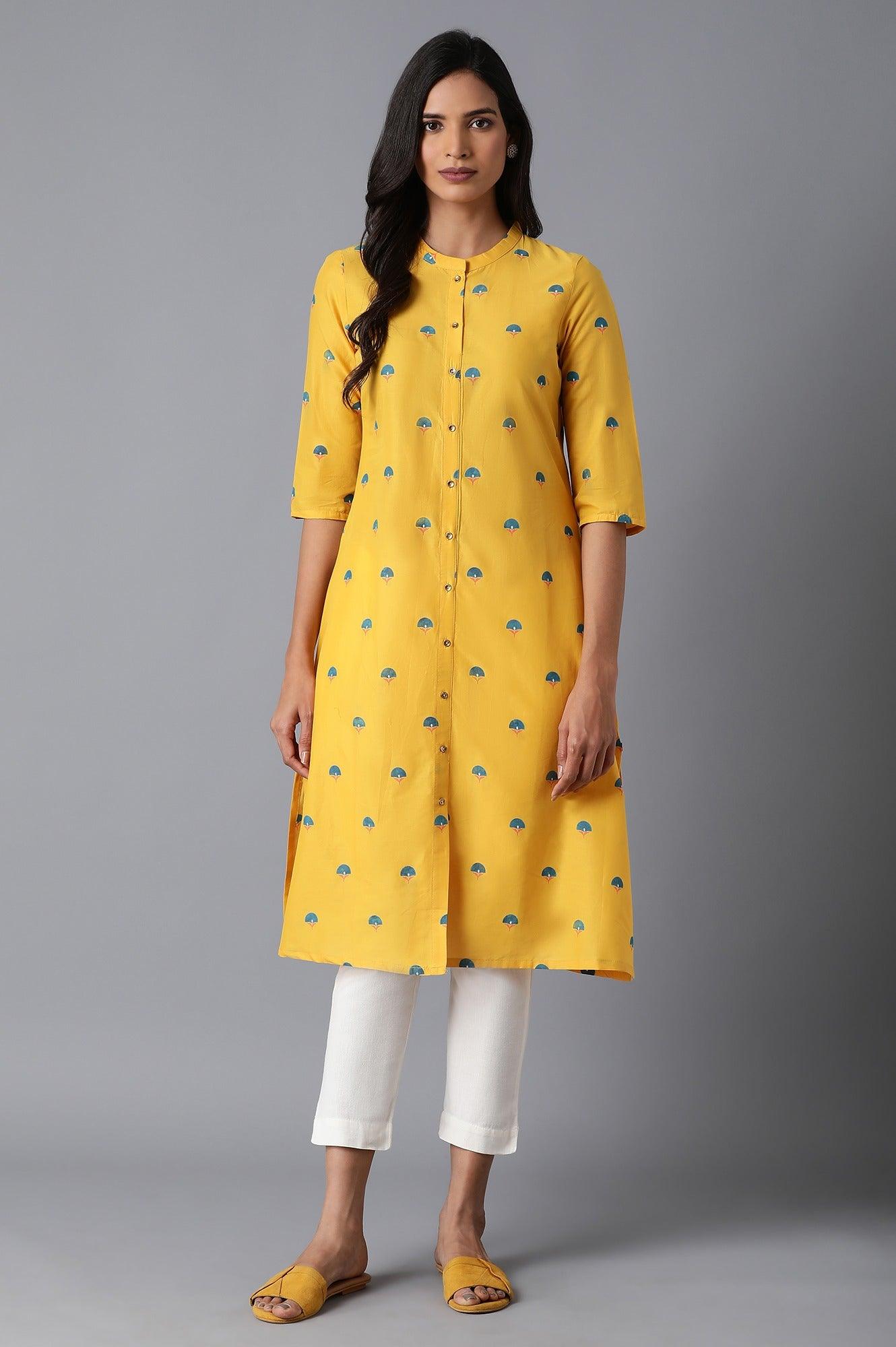 Bright Yellow Printed A-Line kurta - wforwoman