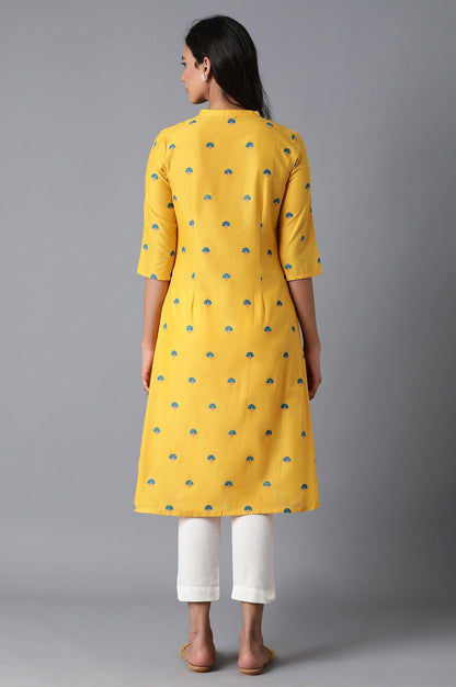 Bright Yellow Printed A-Line kurta - wforwoman