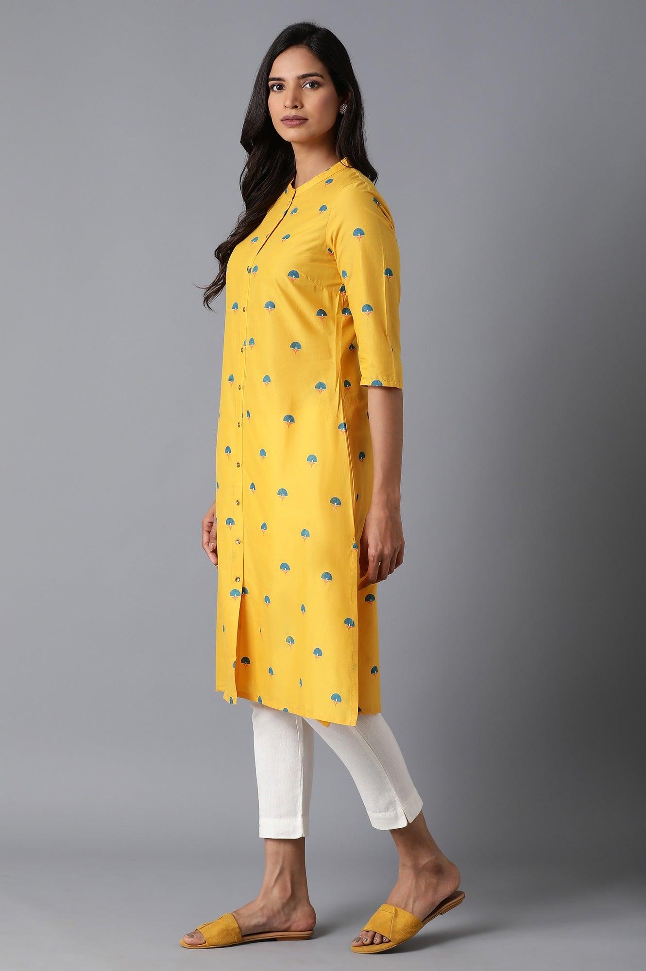 Bright Yellow Printed A-Line kurta - wforwoman