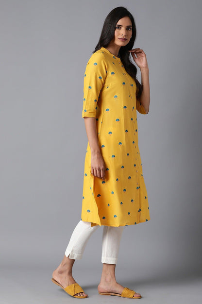 Bright Yellow Printed A-Line kurta - wforwoman