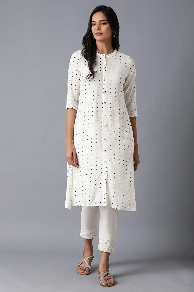 Ecru A-Line Printed kurta - wforwoman