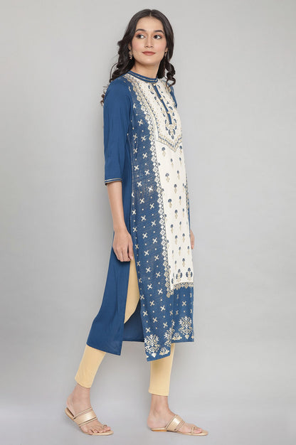 Blue Mandarin Collar Foil Print Straight kurta