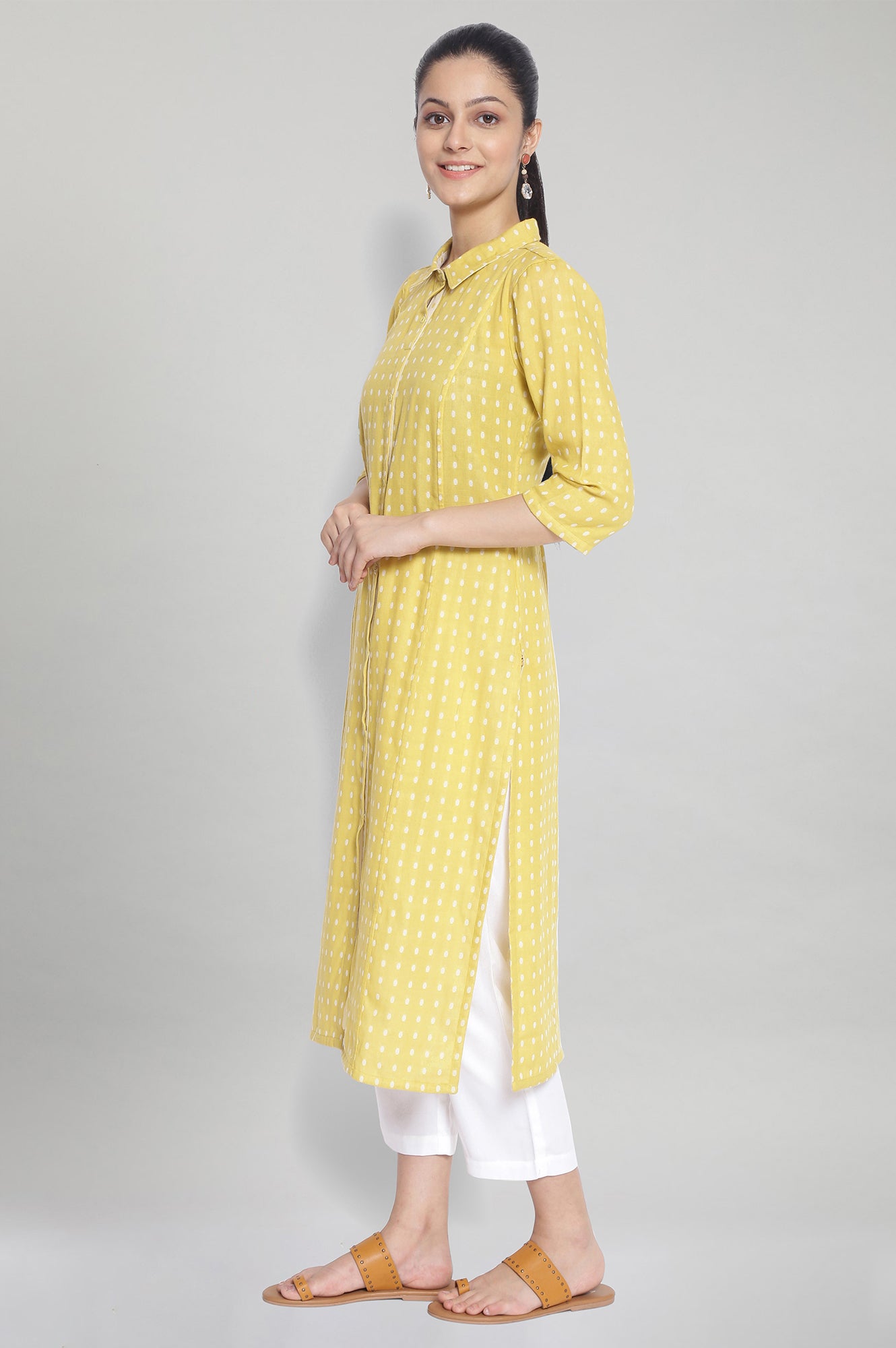 Yellow Shirt Collar Neck Printed kurta