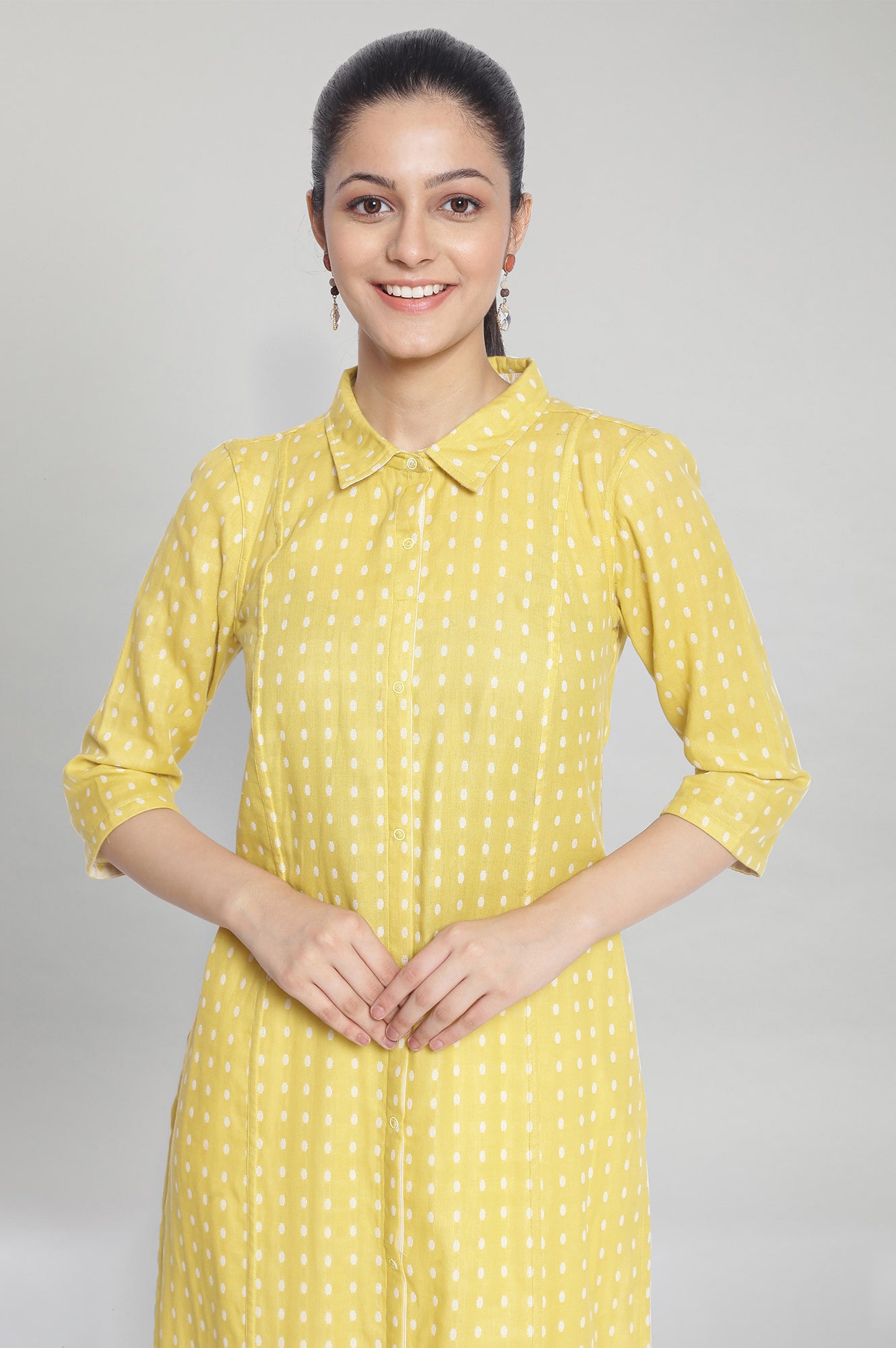 Yellow Shirt Collar Neck Printed kurta