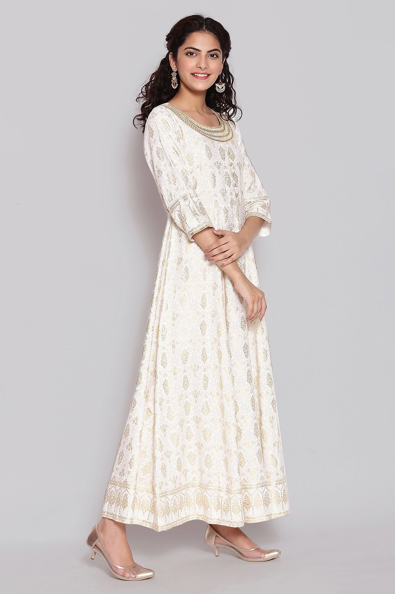 White Foil Print Flared Dress