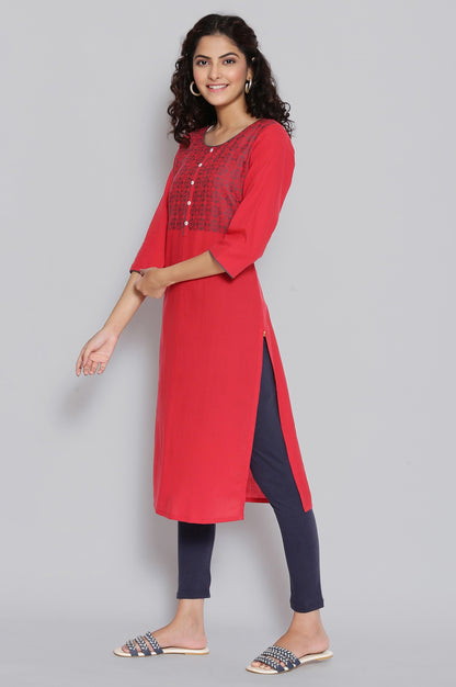 Red Round Neck Yarn-Dyed Cotton kurta
