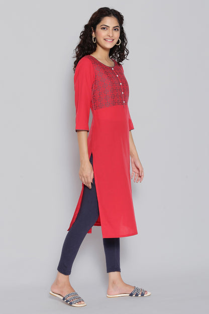 Red Round Neck Yarn-Dyed Cotton kurta