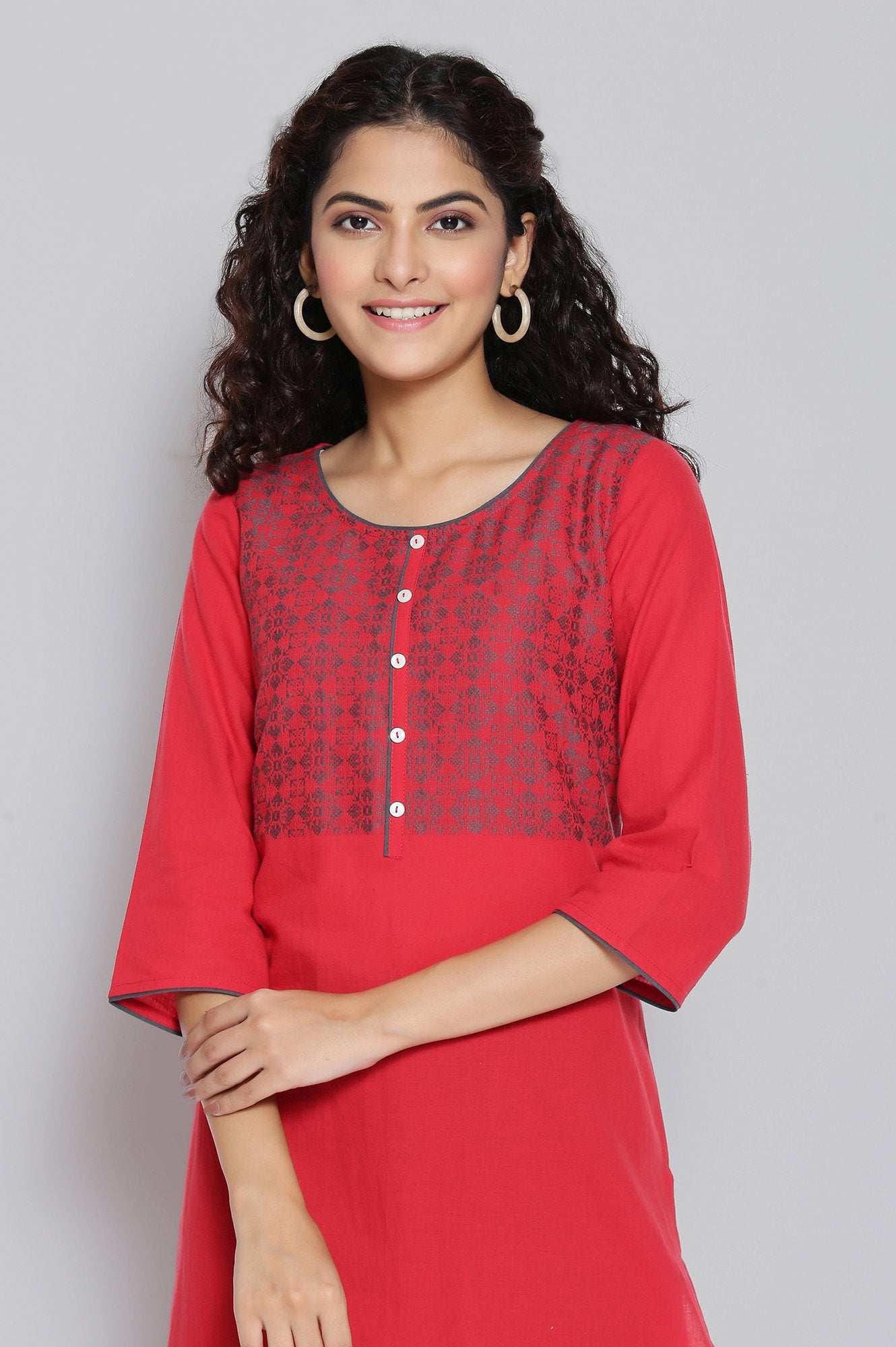 Red Round Neck Yarn-Dyed Cotton kurta