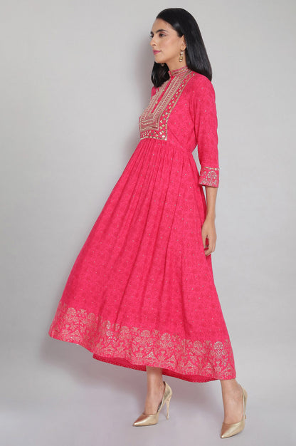 Rasberry Pink Printed Flared Dress