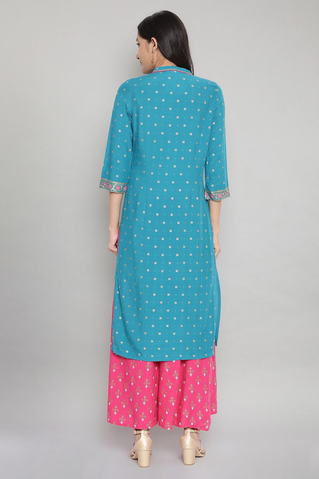 Teal Blue Mandarin Collar Foil Print Straight kurta