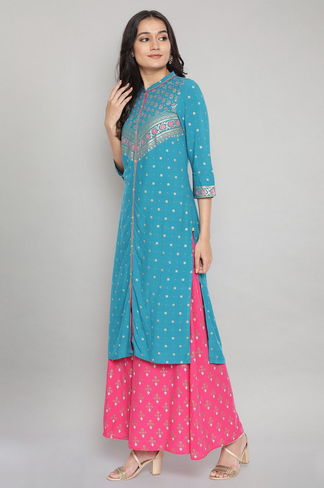 Teal Blue Mandarin Collar Foil Print Straight kurta