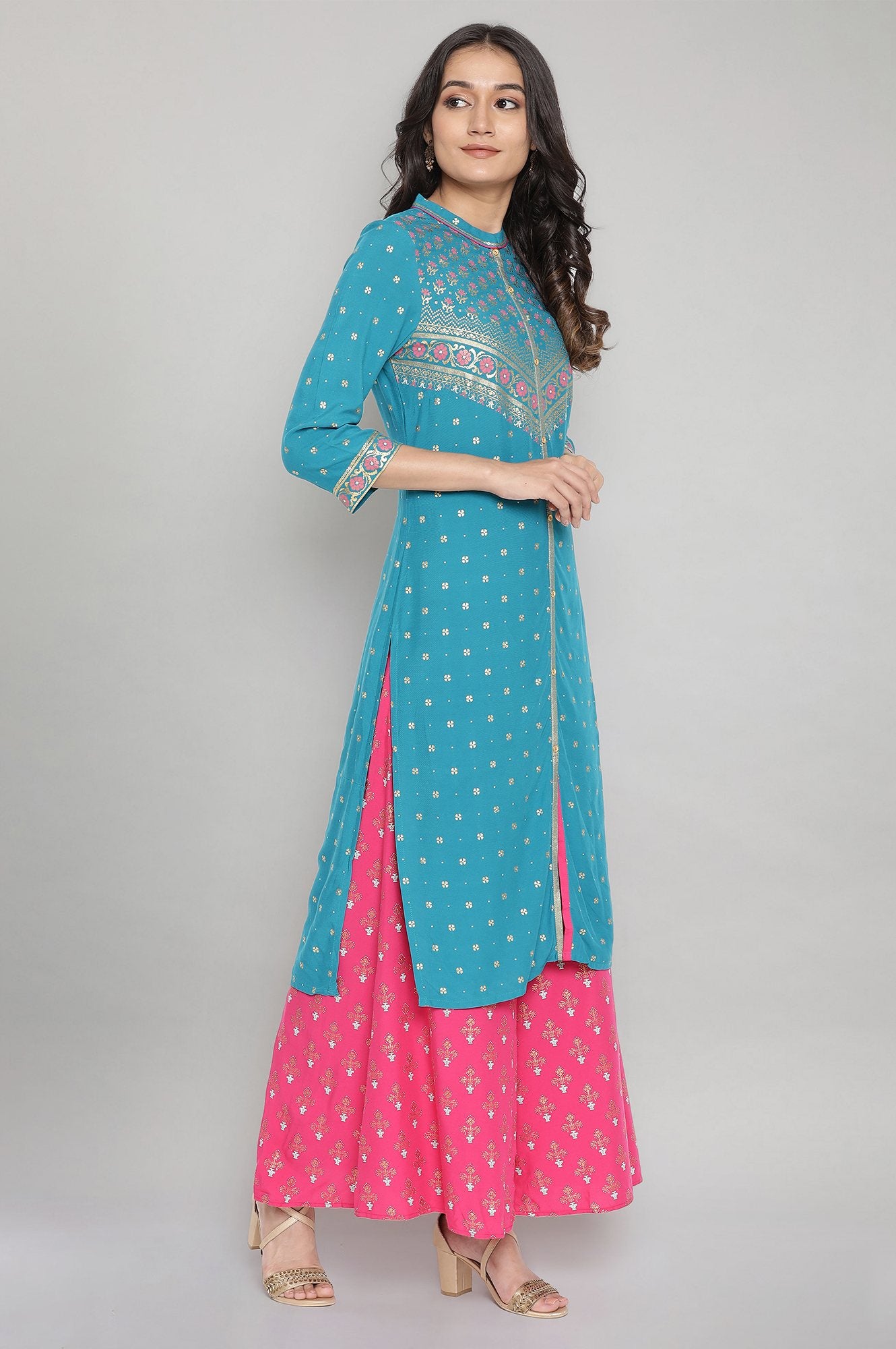 Teal Blue Mandarin Collar Foil Print Straight kurta