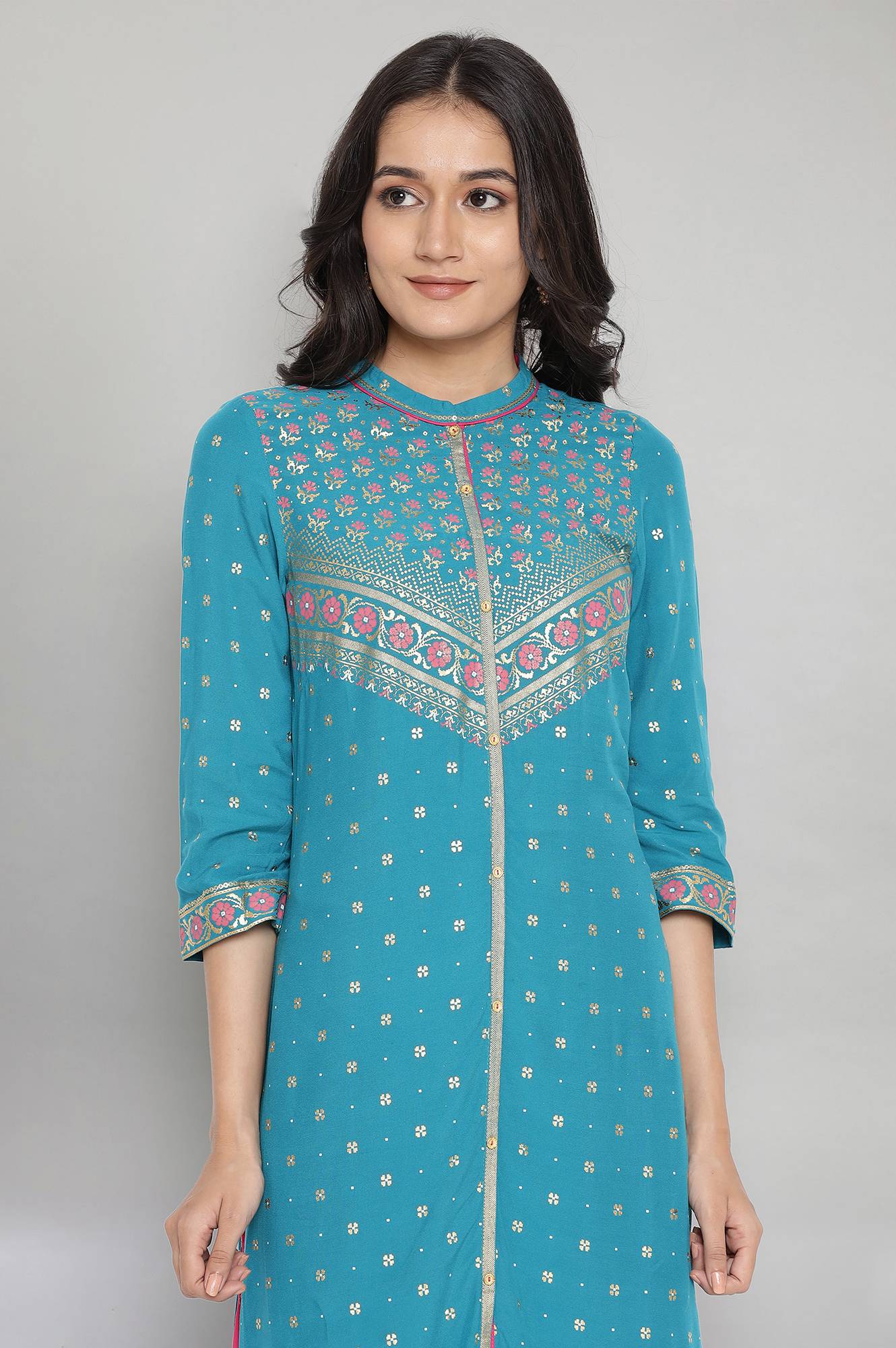 Teal Blue Mandarin Collar Foil Print Straight kurta