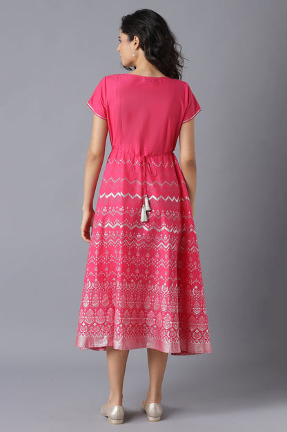 Pink Flared Ethnic kurta in Round Neck