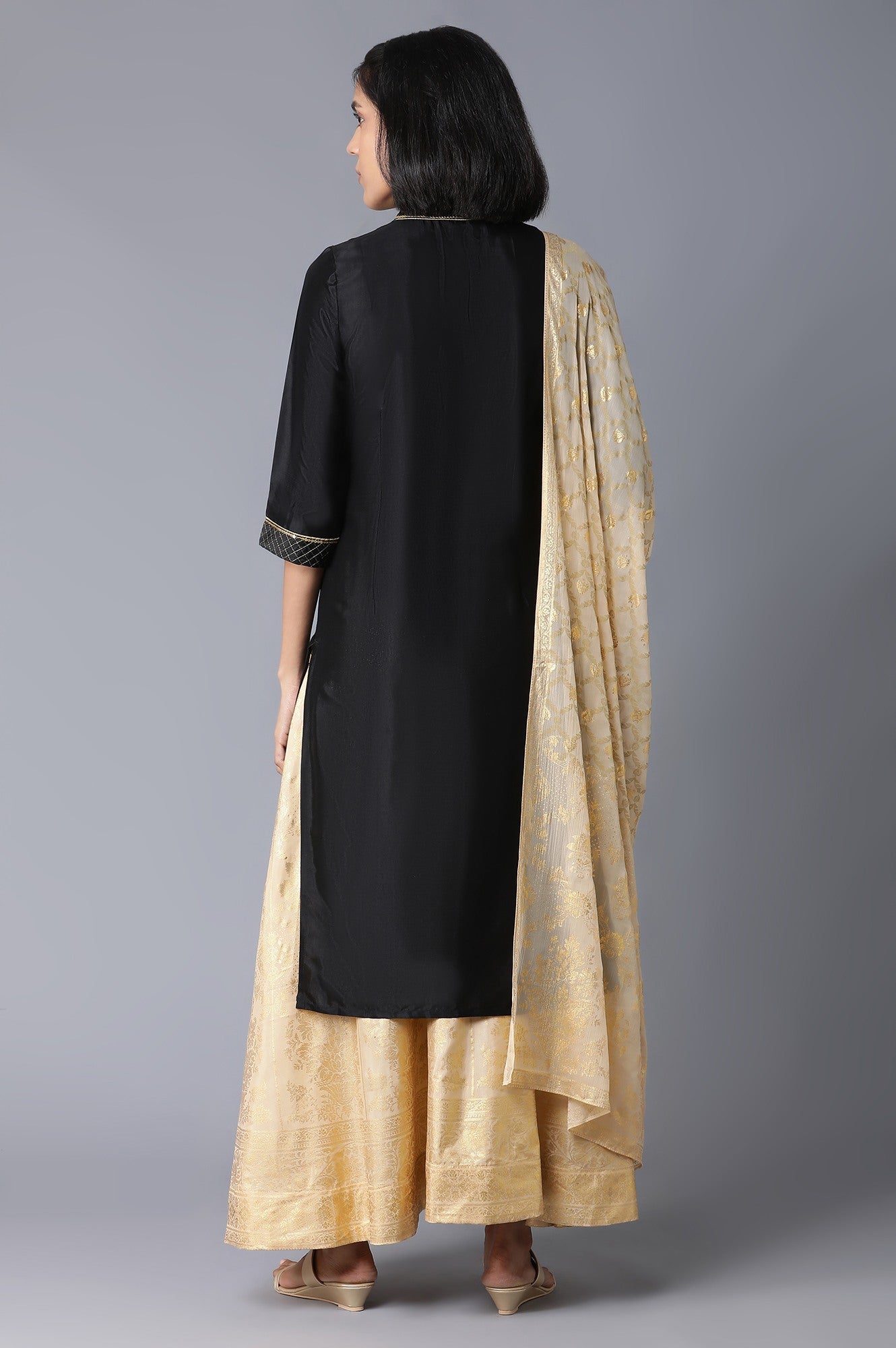 Black Straight Solid kurta-Flared Skirt-Dupatta Set
