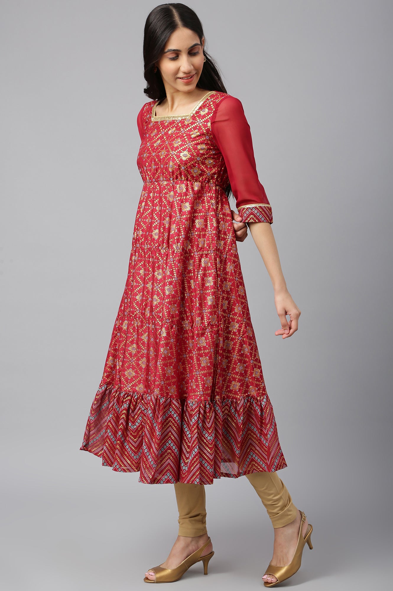 Red Printed Straight kurta-Tights-Dupatta Set