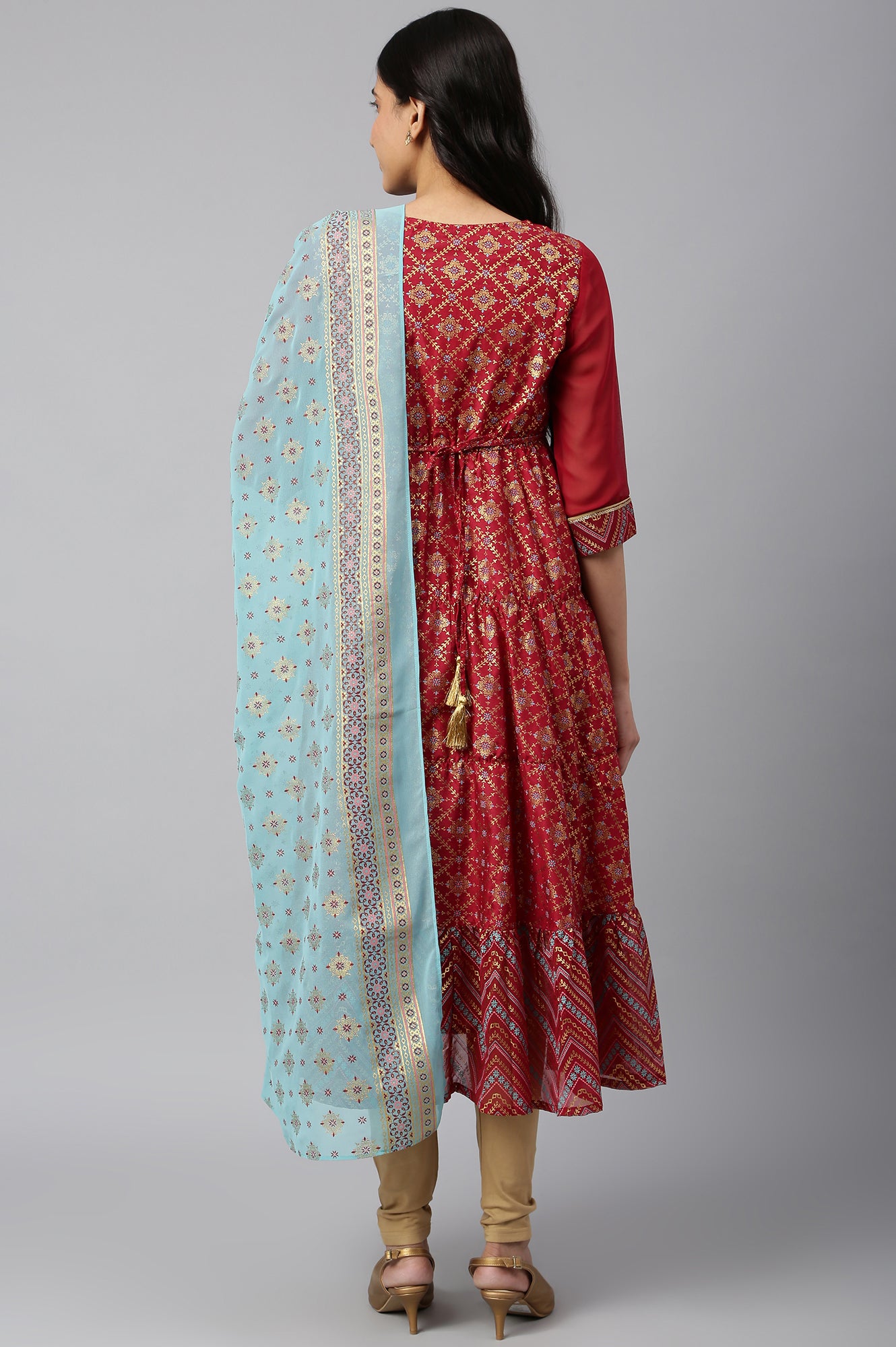 Red Printed Straight kurta-Tights-Dupatta Set