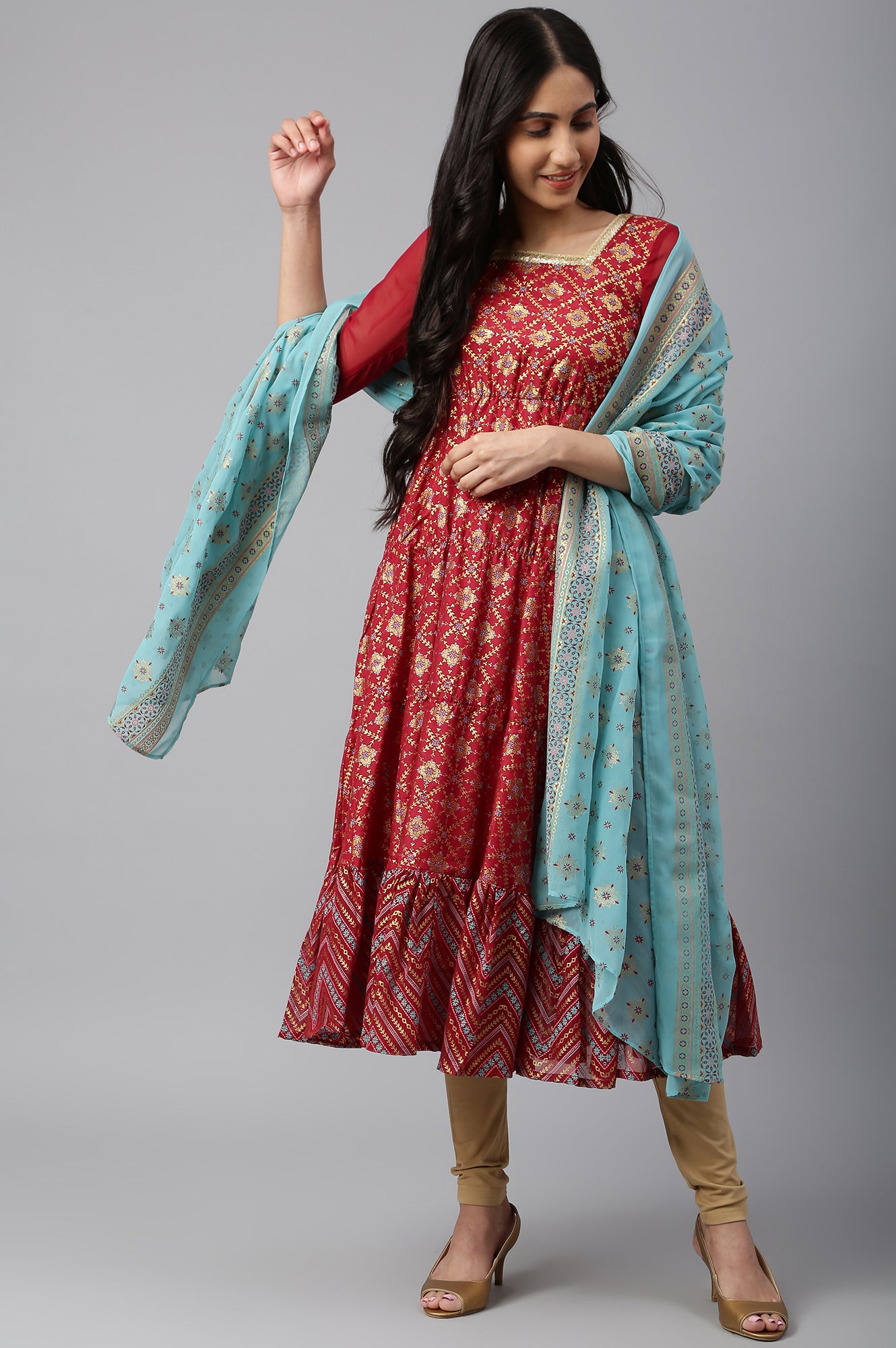 Red Printed Straight kurta-Tights-Dupatta Set