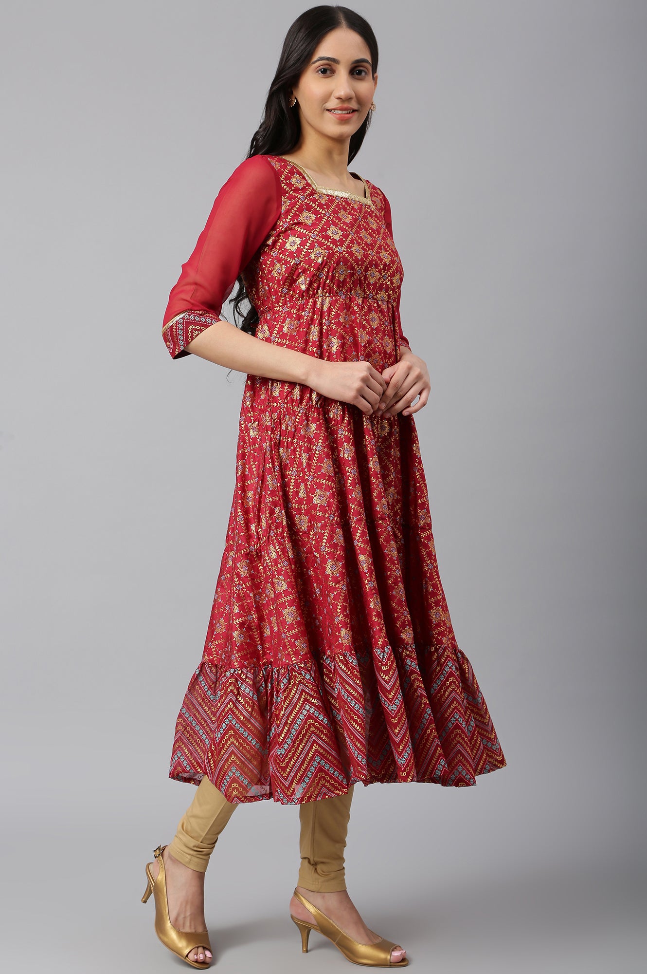 Red Printed Straight kurta-Tights-Dupatta Set