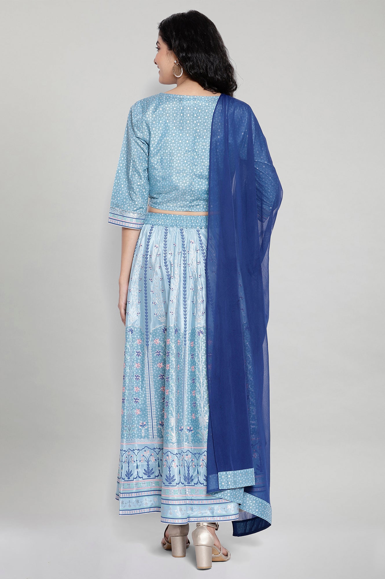 Blue printed Crop Top-Skirt-Dupatta Set