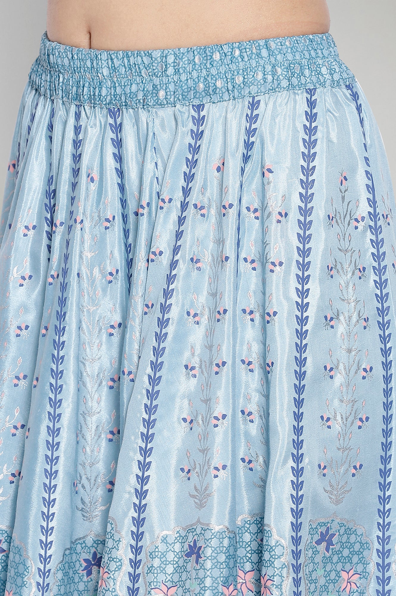 Blue printed Crop Top-Skirt-Dupatta Set