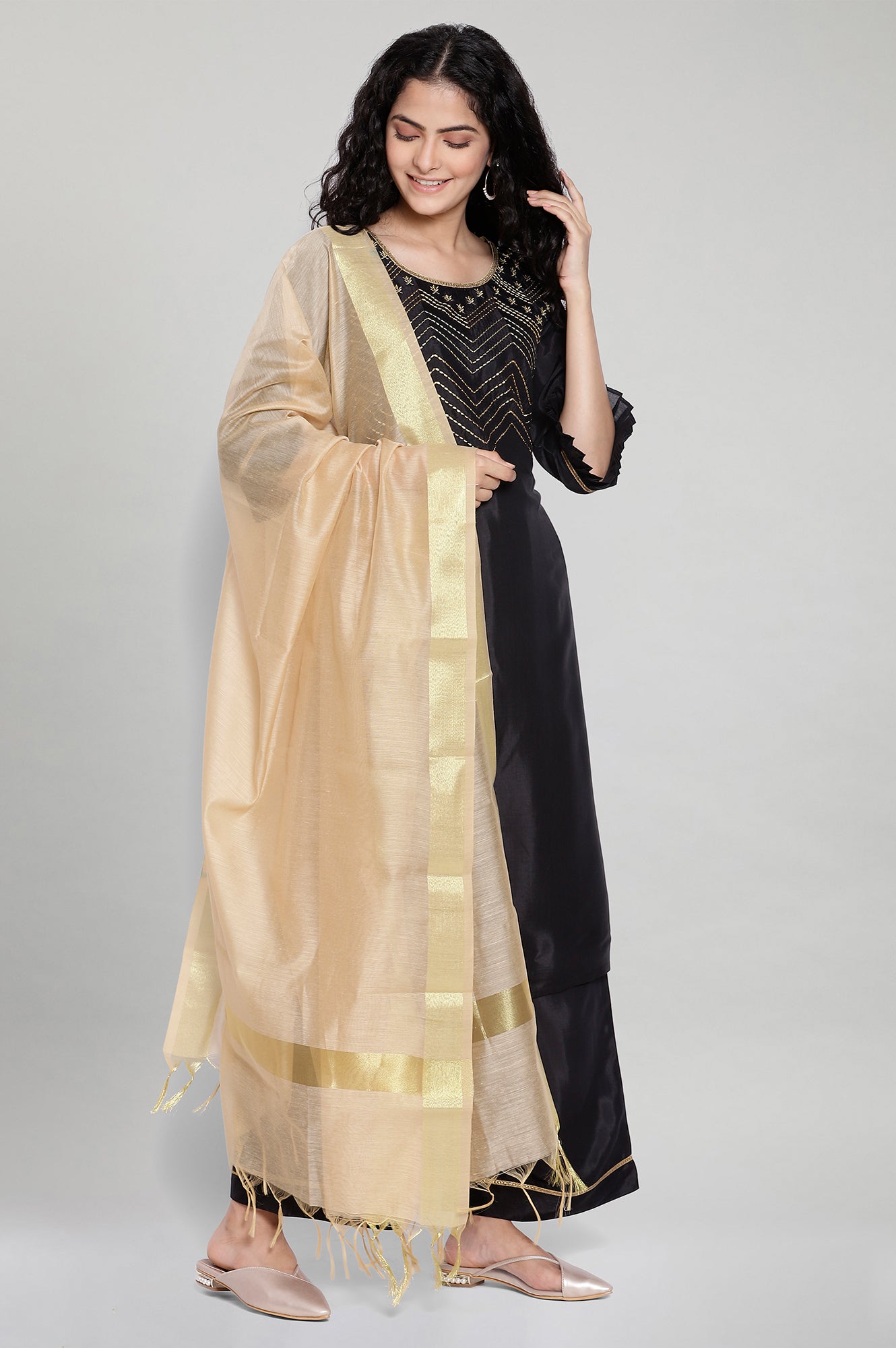 Black Embroidered kurta Palazzos Dupatta Set