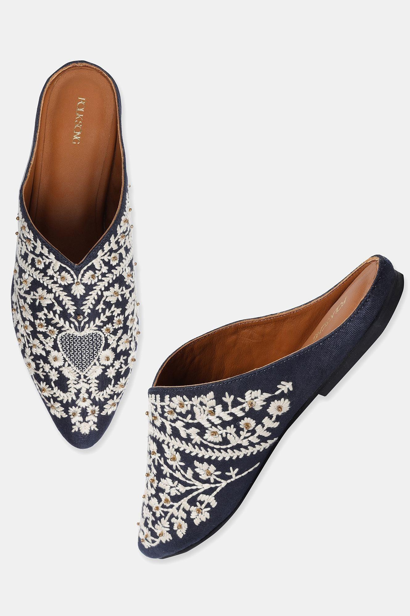 Navy Embroidered Pointed Toe Flat-SKaner - wforwoman