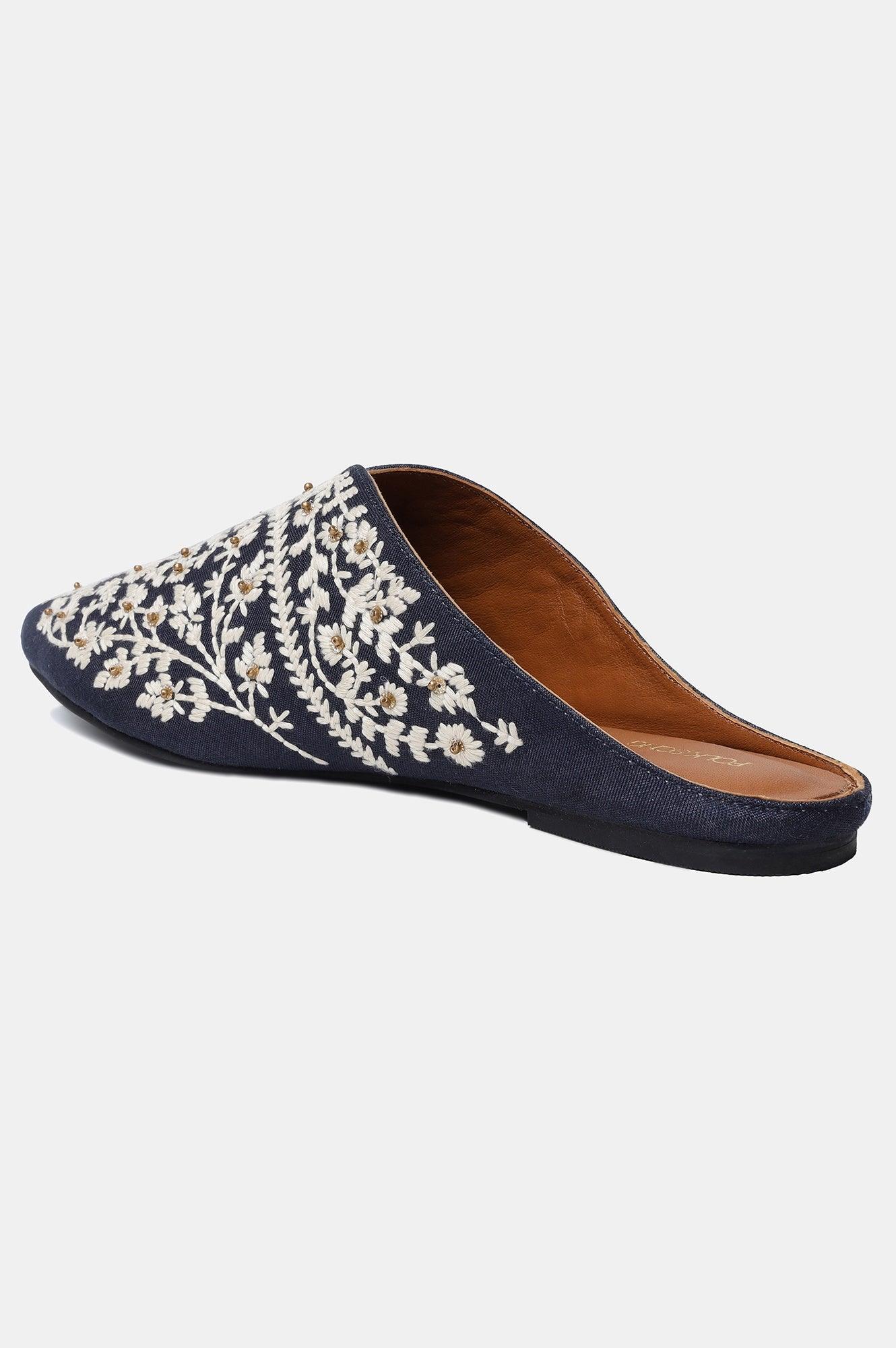 Navy Embroidered Pointed Toe Flat-SKaner - wforwoman