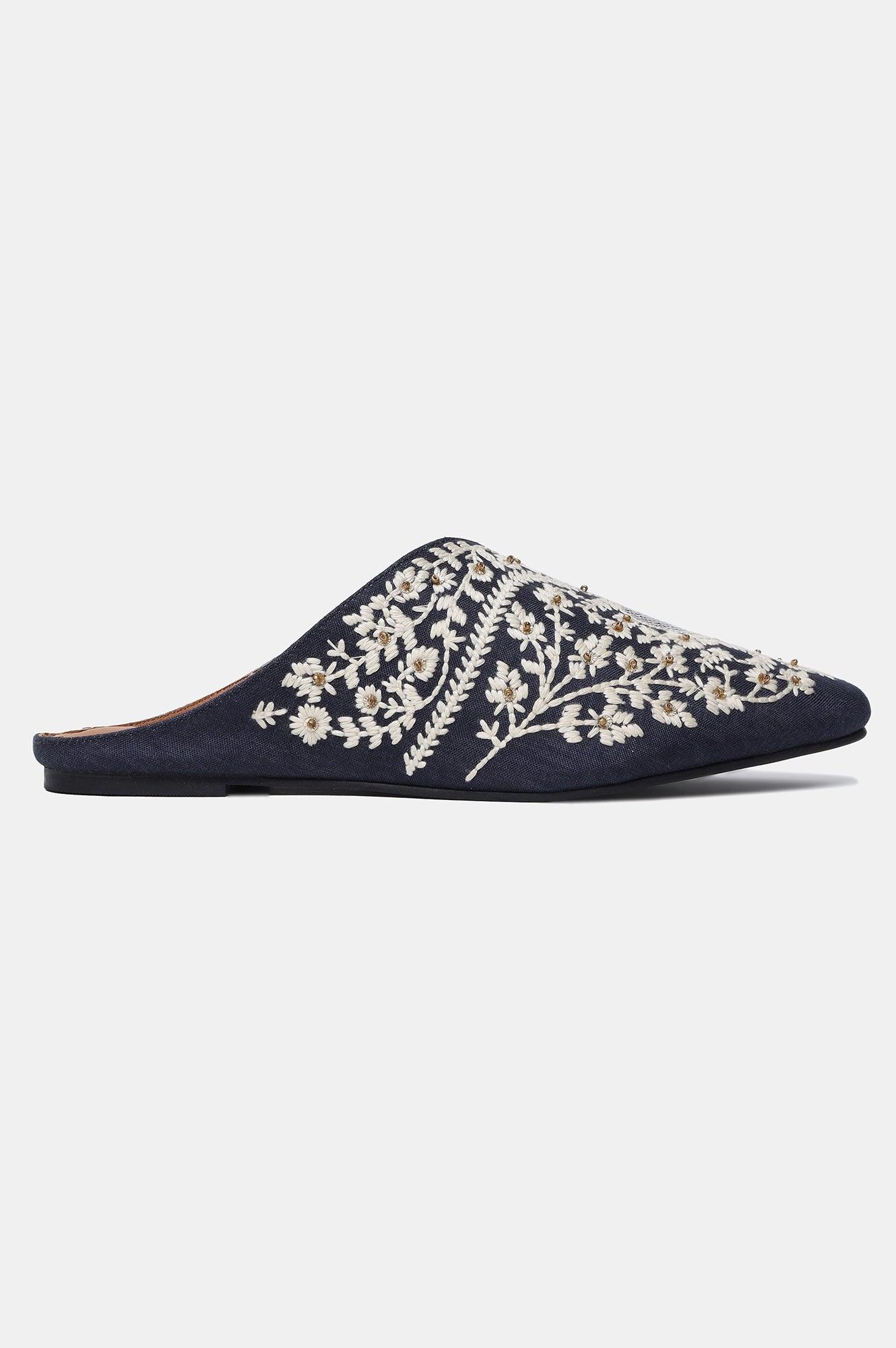 Navy Embroidered Pointed Toe Flat-SKaner - wforwoman