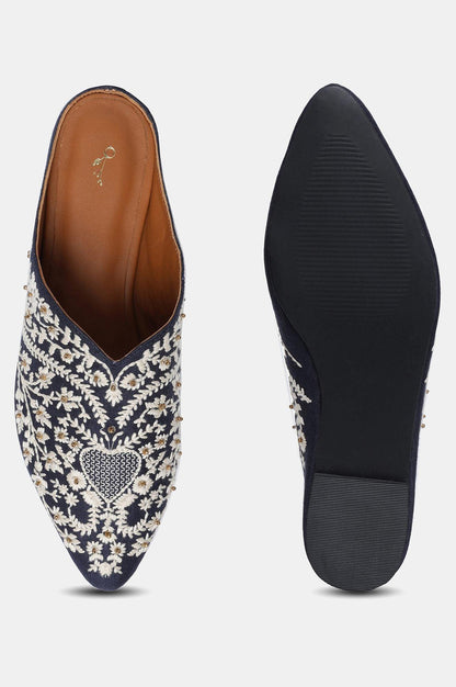 Navy Embroidered Pointed Toe Flat-SKaner - wforwoman