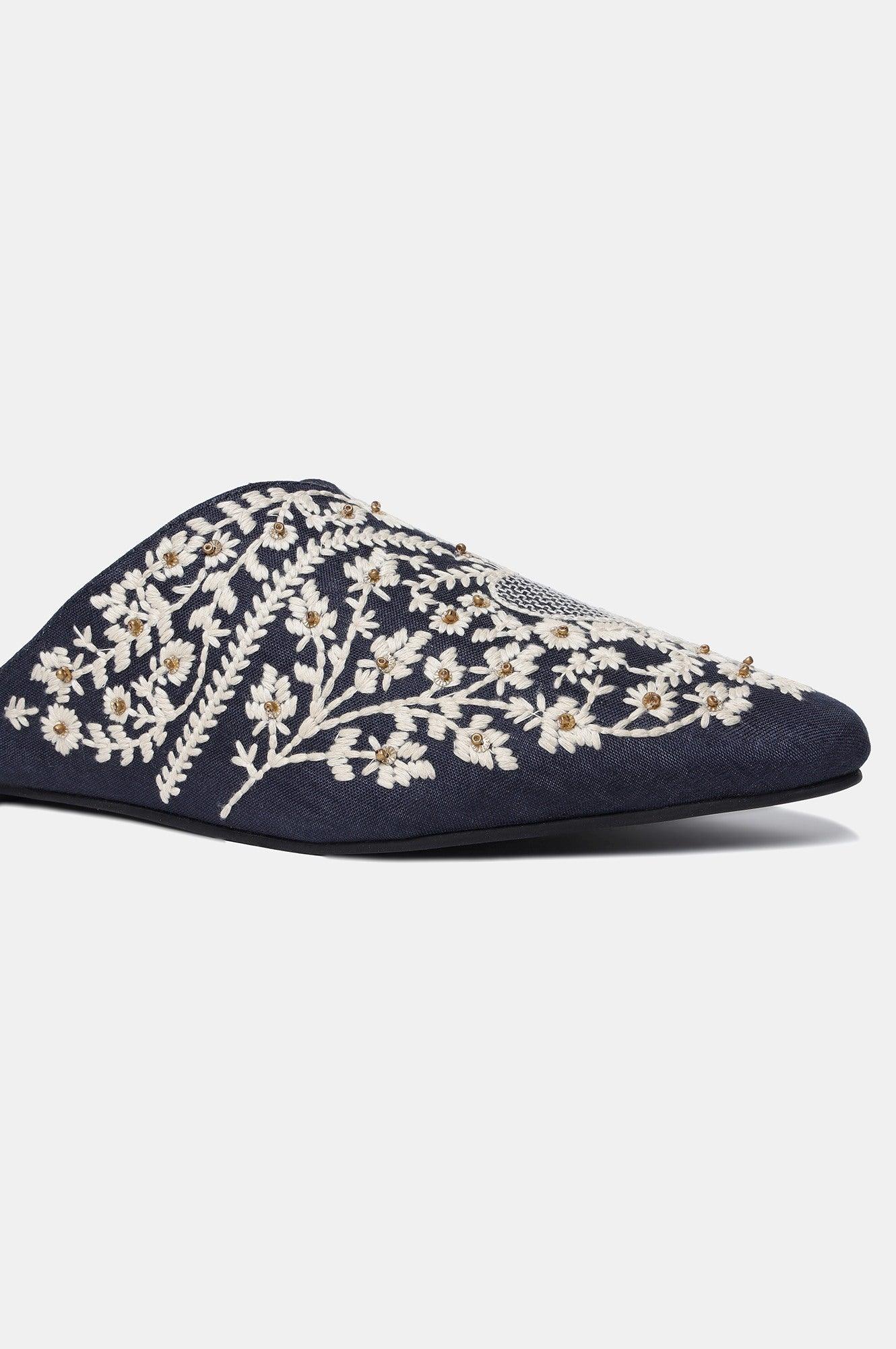 Navy Embroidered Pointed Toe Flat-SKaner - wforwoman