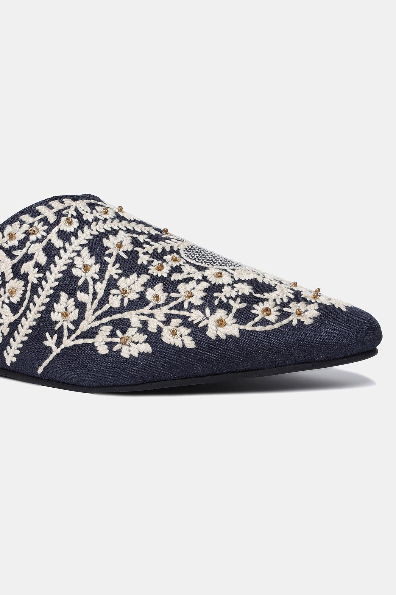 Navy Embroidered Pointed Toe Flat-SKaner - wforwoman