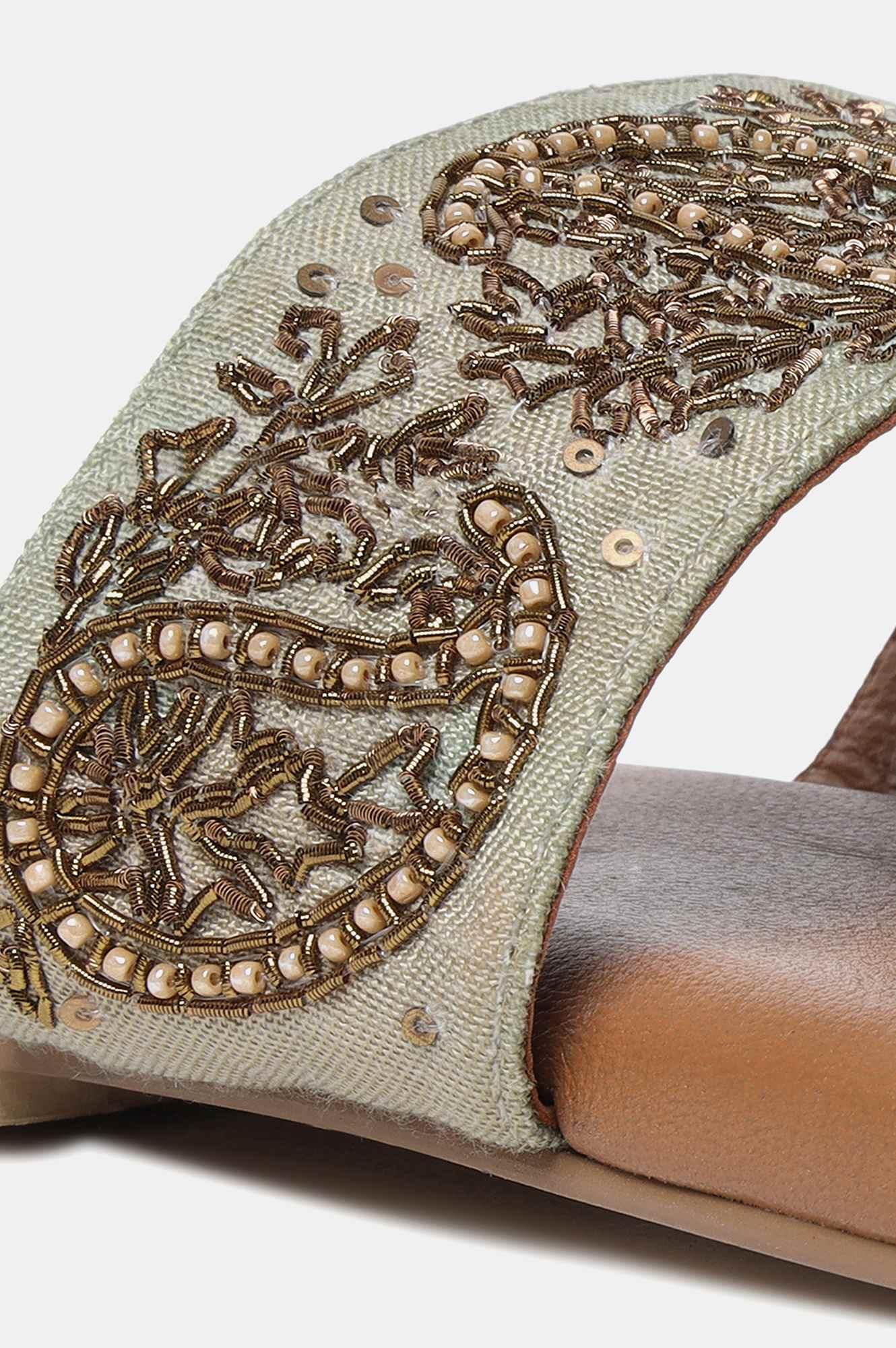 Green Embroidered Round Toe Flat-SGul - wforwoman