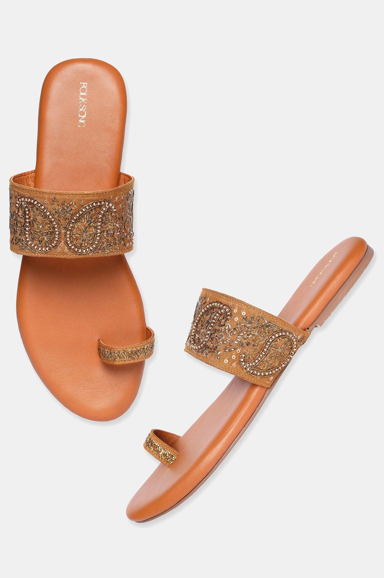 Mustard Round Toe Embroidered Flat-Sgul - wforwoman