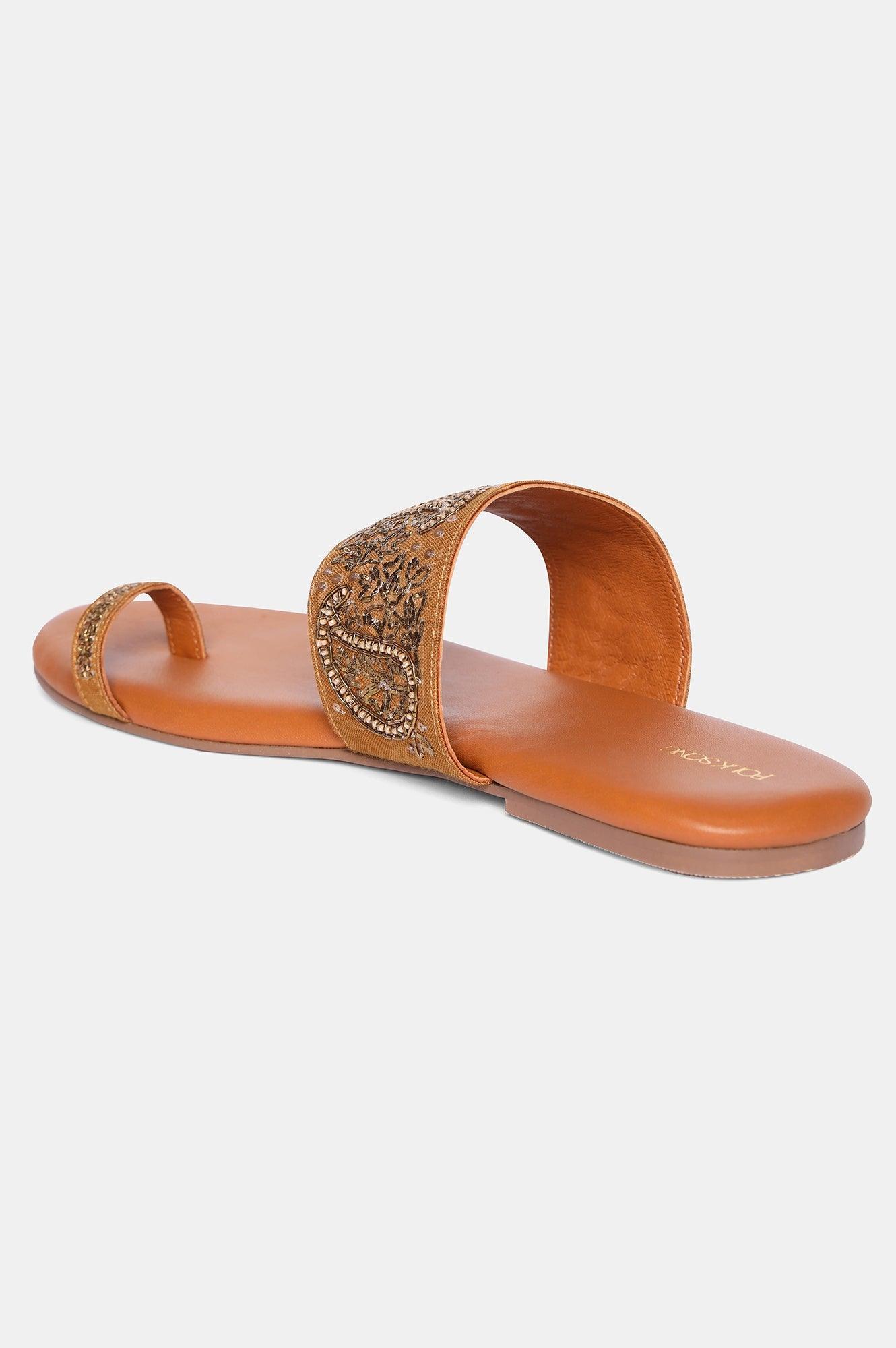 Mustard Round Toe Embroidered Flat-Sgul - wforwoman