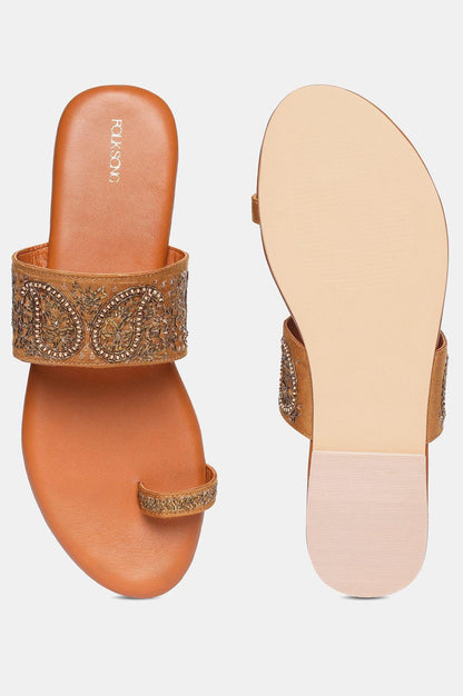 Mustard Round Toe Embroidered Flat-Sgul - wforwoman