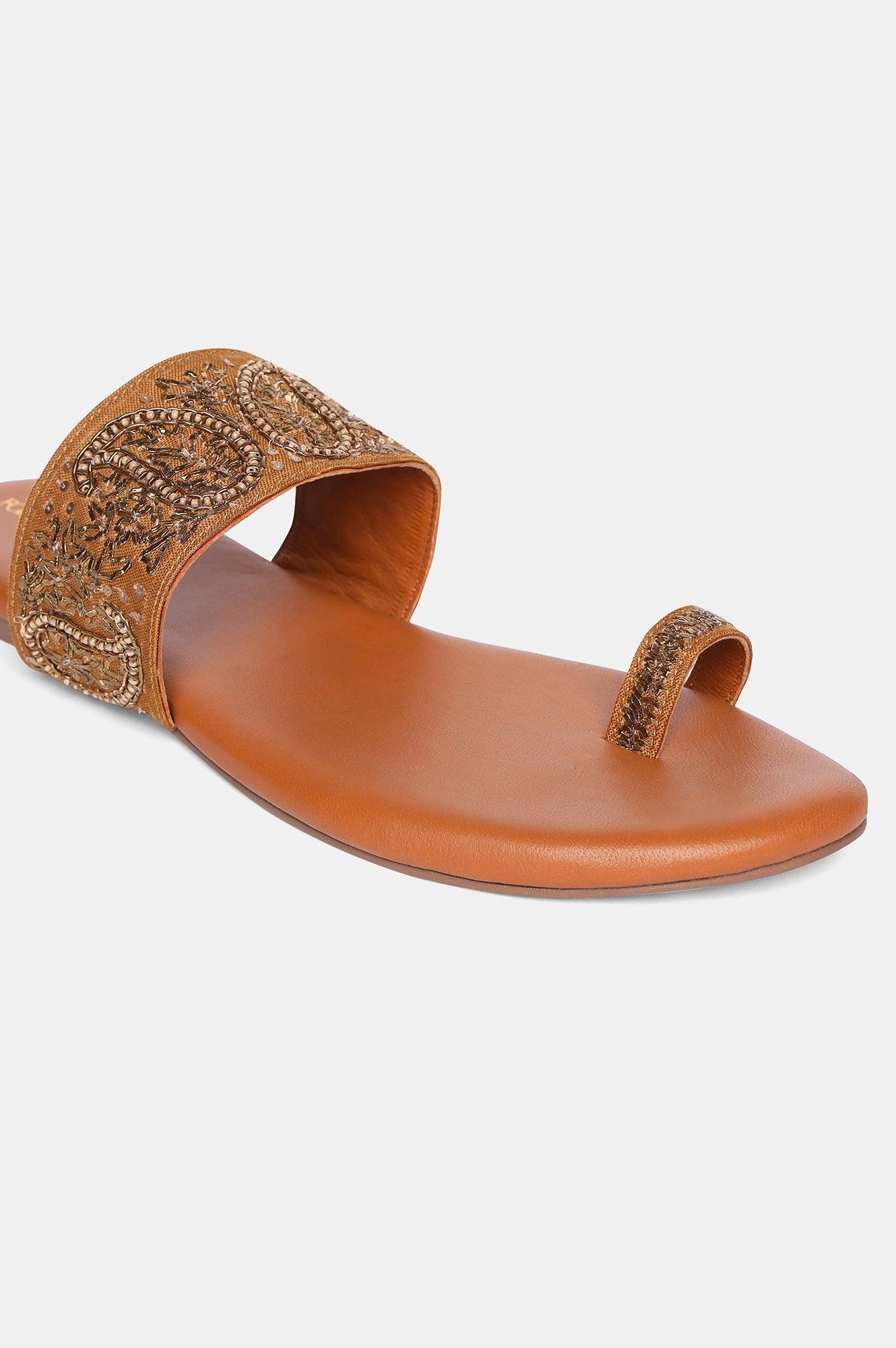 Mustard Round Toe Embroidered Flat-Sgul - wforwoman