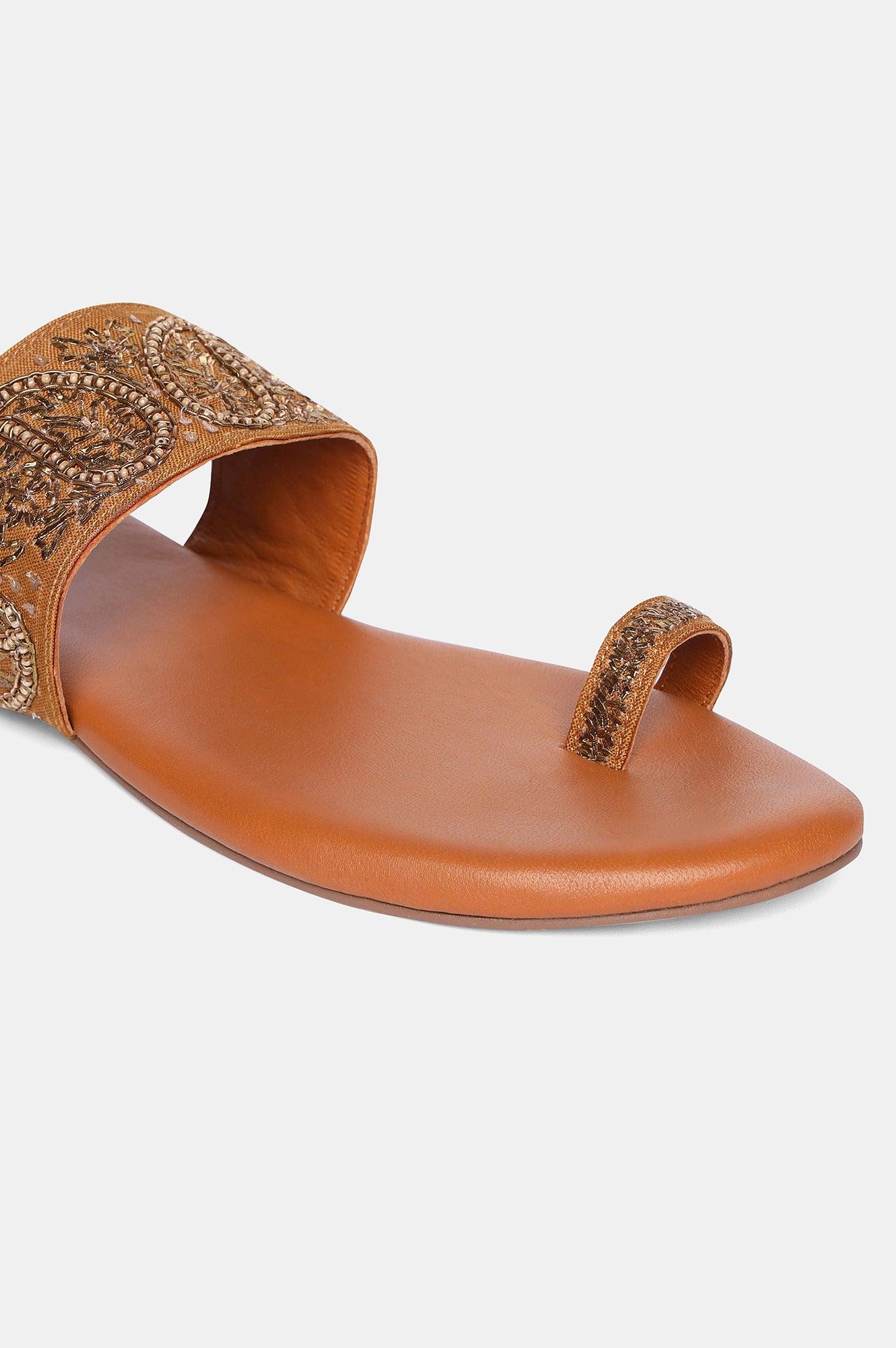 Mustard Round Toe Embroidered Flat-Sgul - wforwoman