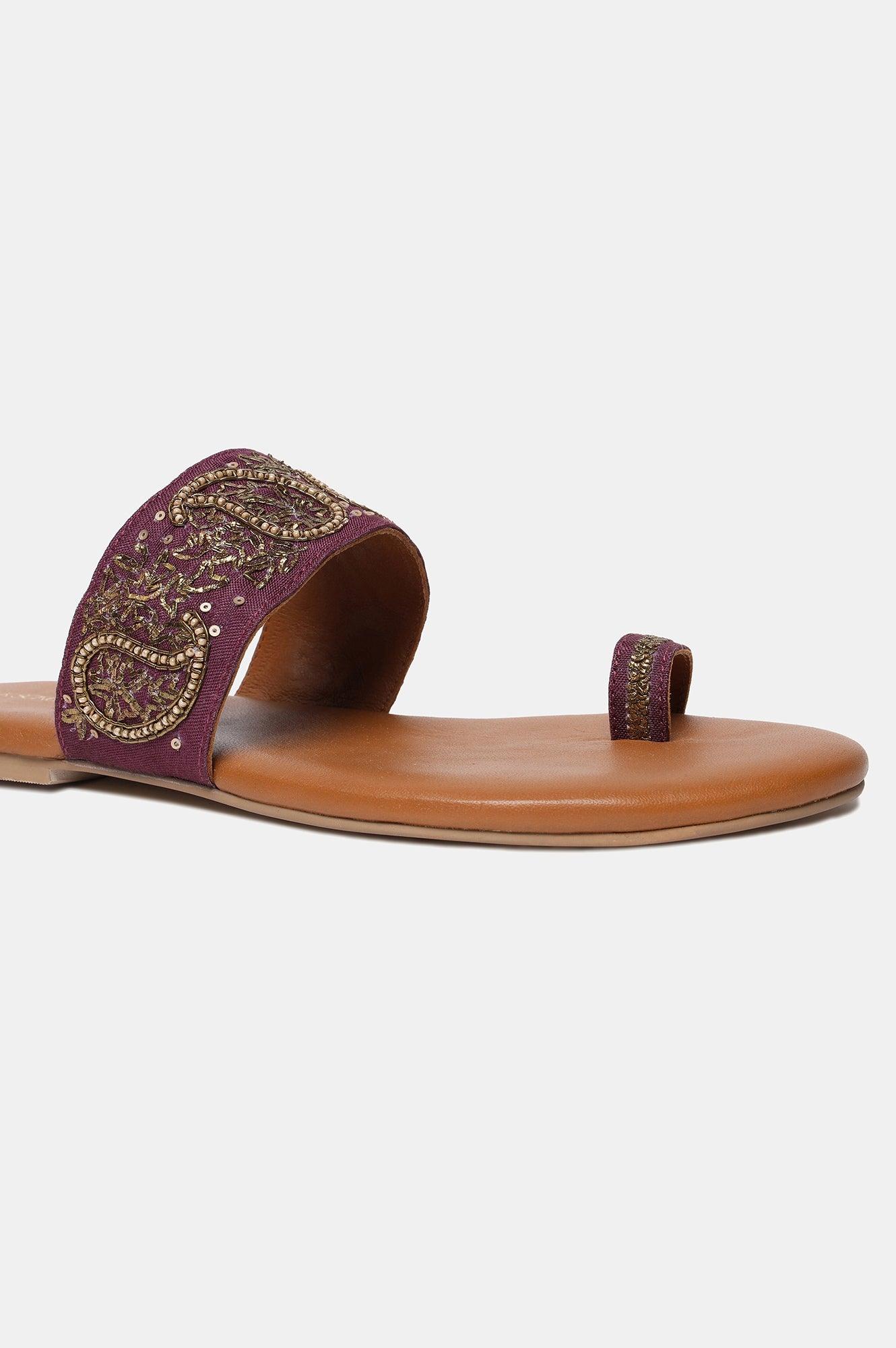 Purple Embroidered Round Toe Flat-SGul - wforwoman