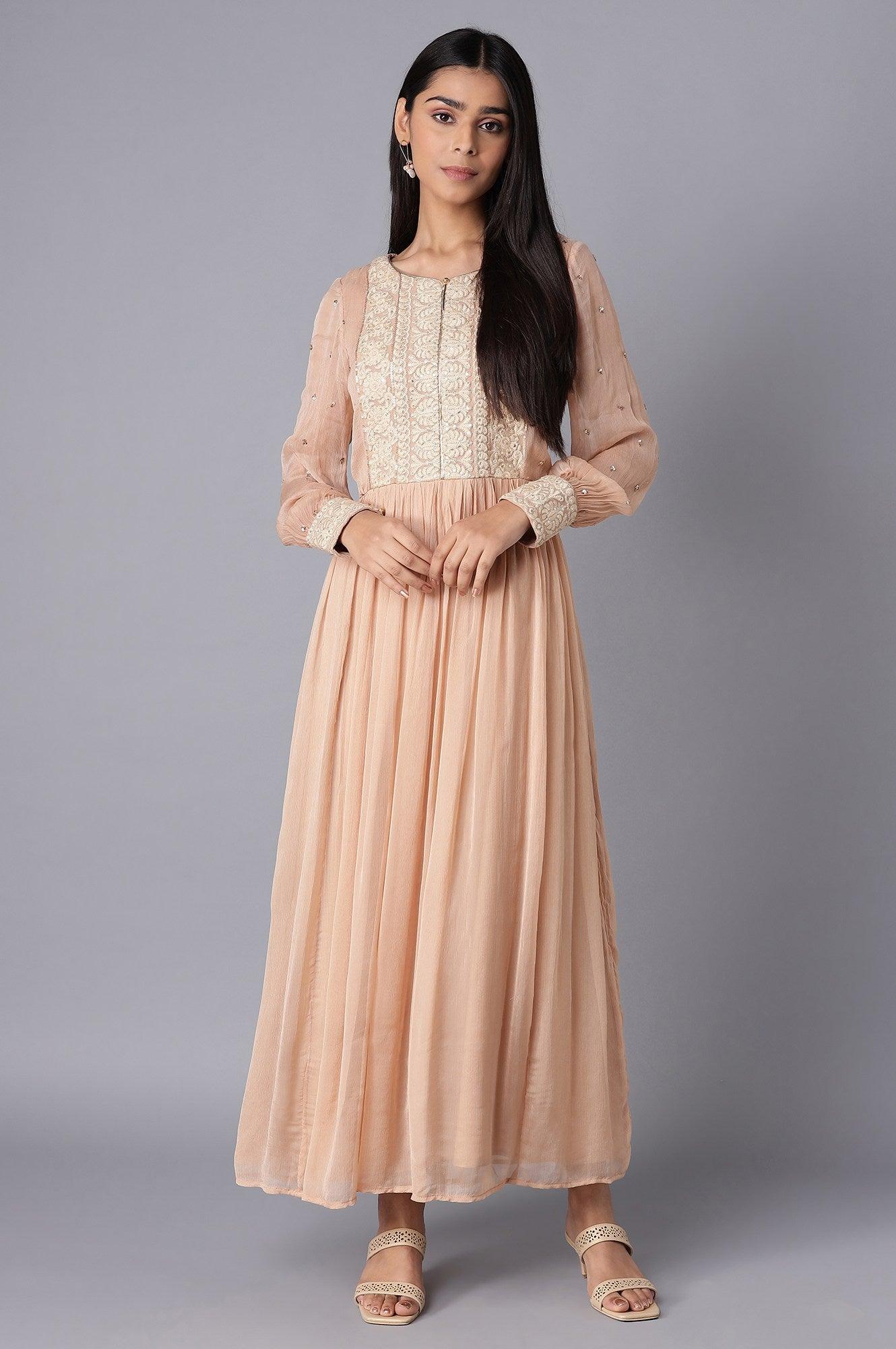 Light Pink Embroidered Victorian Dress with Gathered Sleeves - wforwoman