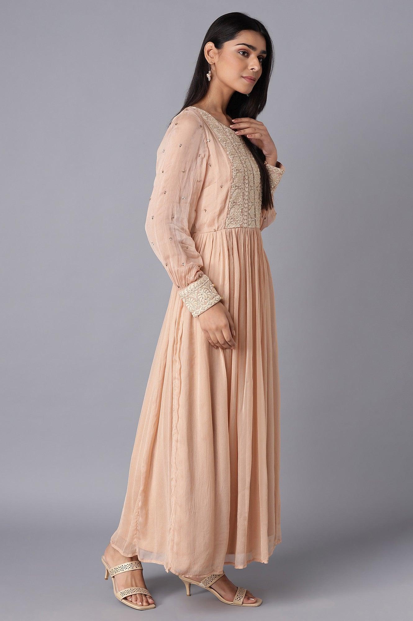 Light Pink Embroidered Victorian Dress with Gathered Sleeves - wforwoman